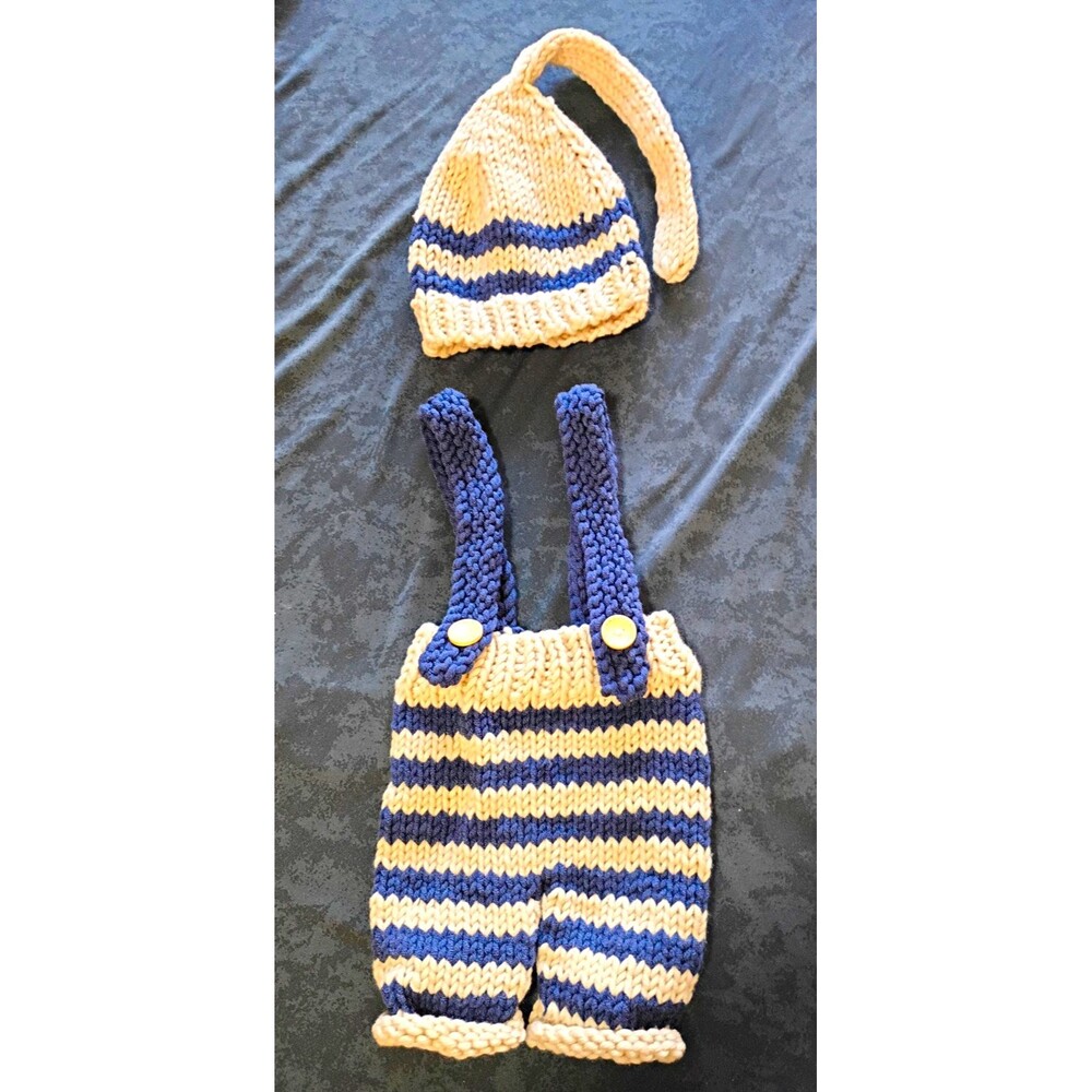 2pc Newborn Knit Striped Suspender Pants & Hat Beige/Blue Button